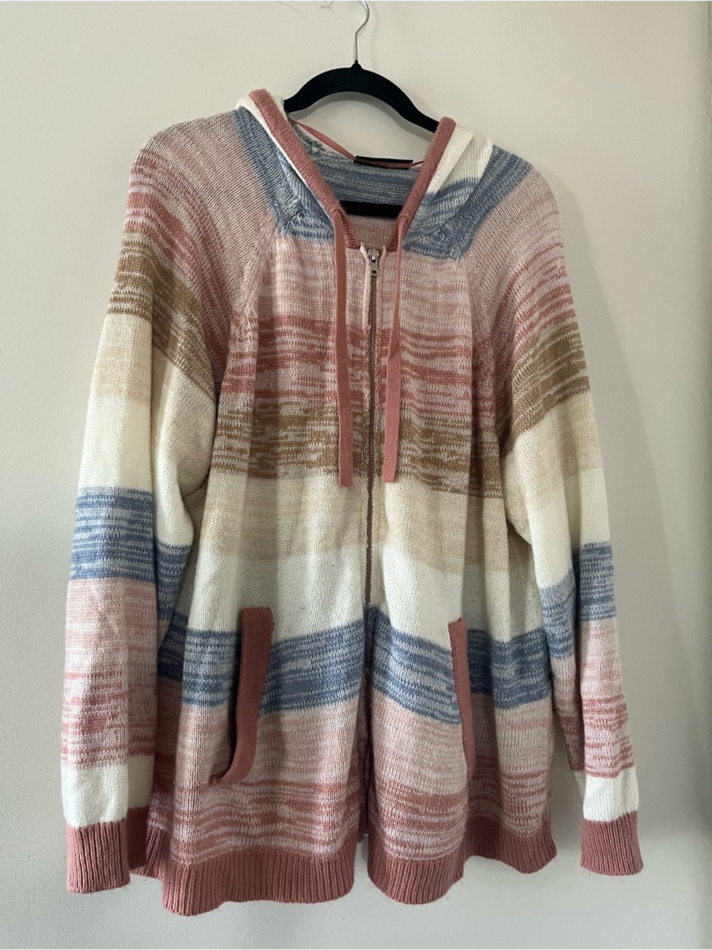 Lane Bryant Pink White Striped Knit Zip Up Hoodie 22/24 Cozy Fall Cabin Granola